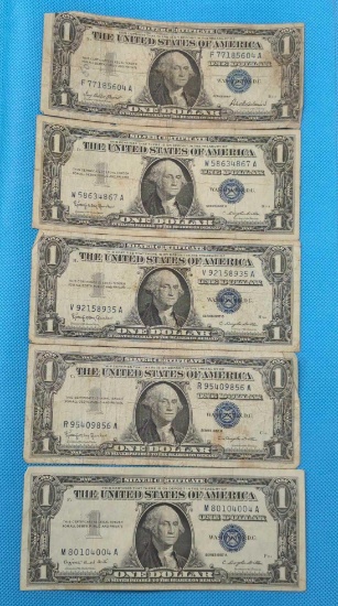 FIVE ONE DOLLAR SILVER CERTIFICATES - 1957-1 - 1957B-4