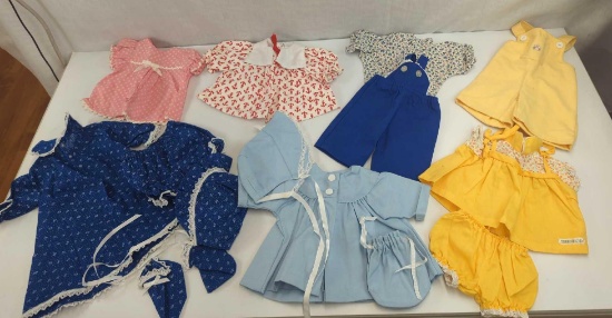 DOLL CLOTHES DRESSES BONNETS, OVERALLS