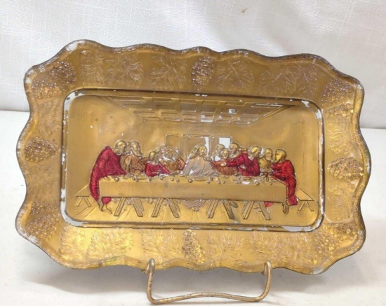 GOOFUS GLASS LAST SUPPER JESUS HAND PAINTED CARNIVAL GLASS 11"X7"