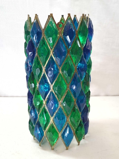 VINTAGE BLUE/GREEN HANGING LAMP SHADE 12-3/4" - LUCITE OR PLASTIC? CRACKS AS SEEN IN PICS