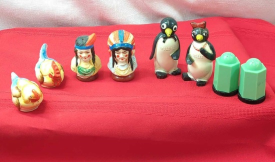 VINTAGE SALT N PEPPER LOT - CHICKENS, NATIVE AMERICANS, WILLIE & MILLIE& GREEN HEXAGON