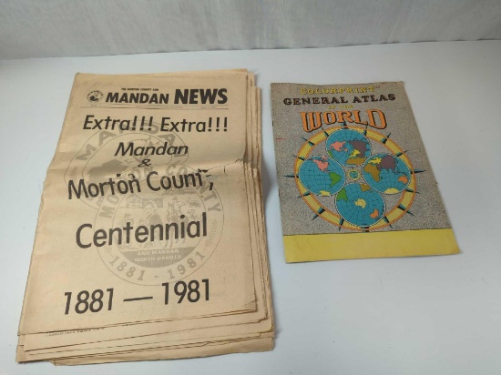 MORTON COUNTY &MANDAN NEWS PAPER 1881- 1981, COLOR PRINT GENERAL ATLAS OF THE WORLD