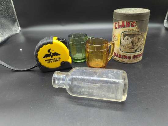 HIRES HOUSEHOLD EXTRACT BOTTLE 4.5" , (2) GREEN & YELLOW BARREL GLASS CUPS , CLABBER GIRL BAKING