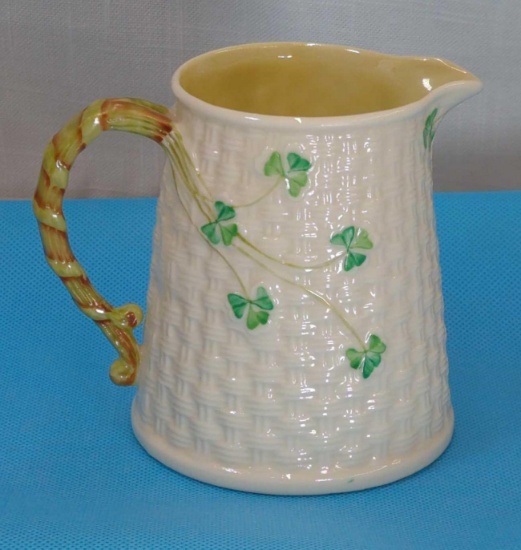 BELLEEK IRELAND SHAMROCK BASKET WEAVE PITCHER 4"