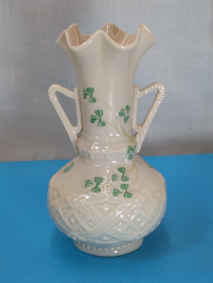BELLEEK IRELAND HARP HANDLED SHAMROCK BASKET WEAVE VASE 6.5"