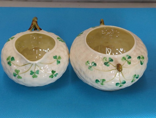 BELLEEK IRELAND SHAMROCK BASKET WEAVE CREAM & SUGAR 2"