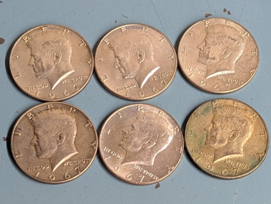 1967 KENNEDY HALF DOLLAR LOT - 6 40% SILVER