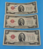 THREE 1928 H TWO DOLLAR BILLS RED SEAL LOT