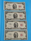 FOUR 1953 A TWO DOLLAR BILLS RED SEAL LOT