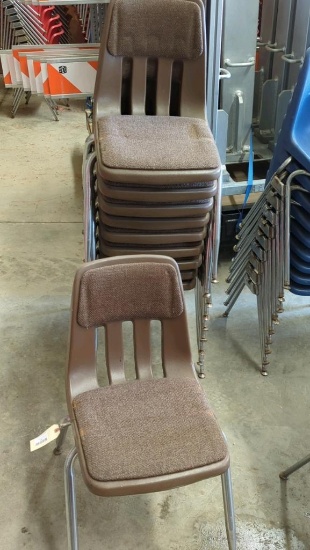 10 Brown Stackable Plastic Chairs, Metal Legs, Fabric-Padded Seats