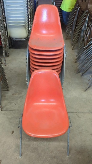 10 Herman Miller Orange Stackable Plastic Molded Shell Chairs, Metal Frame