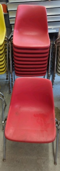 10 Red Stackable Plastic Molded Shell Chairs, Metal Frame, Red