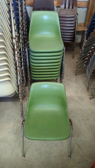 10 Green Plastic Molded Shell Style Stackable Chairs, Metal Frame