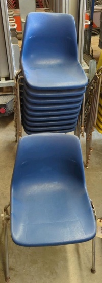 10 Blue Stackable Plastic Molded Shell Style Chairs, Metal Legs