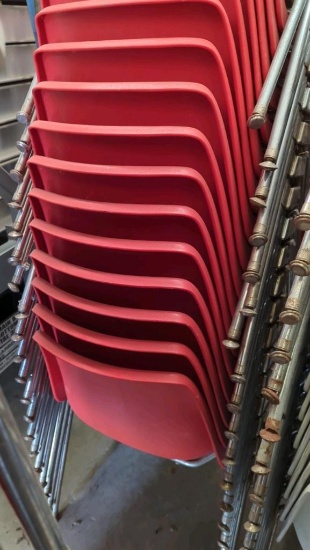 10 Red Stackable Plastic Molded Shell Chairs, Metal Frame, Red