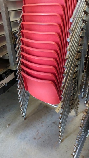 10 Red Stackable Plastic Molded Shell Chairs, Metal Frame, Red