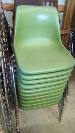 10 Green Plastic Molded Shell Style Stackable Chairs, Metal Frame