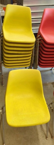 10 Yellow Stackable Plastic Molded Shell Style Chairs, Metal Legs