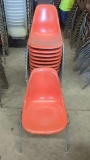 10 Herman Miller Orange Stackable Plastic Molded Shell Chairs, Metal Frame