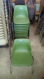 10 Green Plastic Molded Shell Style Stackable Chairs, Metal Frame