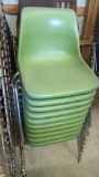 10 Green Plastic Molded Shell Style Stackable Chairs, Metal Frame
