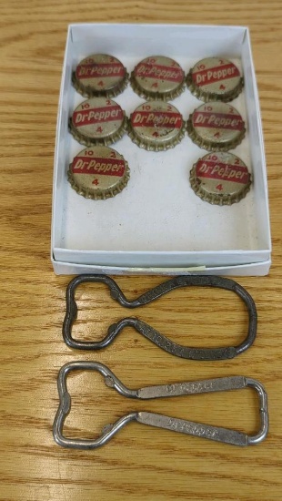 Vintage Dr Pepper Bottle Openers with 7 Bottle Caps, Mid-20th Century