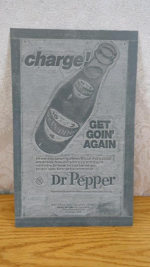 Dr. Pepper Vintage Advertisement Printing Plate, 1960s-1970s, Rare Collectible
