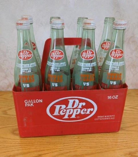 Dr Pepper Texas vs Oklahoma 1973 Commemorative Bottles, 16 oz, Gallon Pack