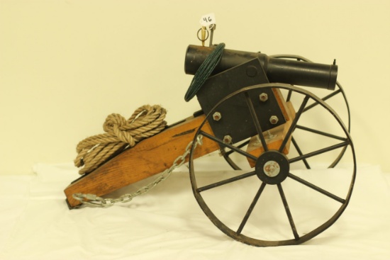 #46-HOMEMADE CANNON WITH 15" BARREL AND METAL WHEELS
