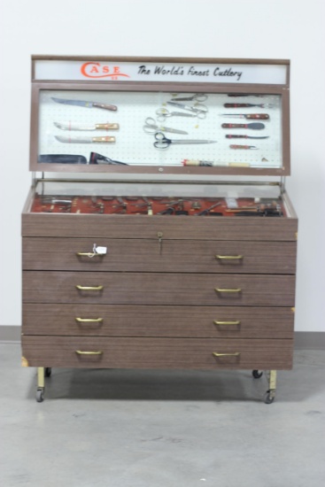 #230-VINTAGE CASE KNIFE UPRIGHT STORE CABINET DISPLAY INCLUDING (40+) PIECES NEW OLD STOCK - SCISSOR