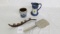 (5) items: Salmon Falls 1991 quart crock; homemade pitcher; strand of 5 bells; tin scoop; & Pioneer