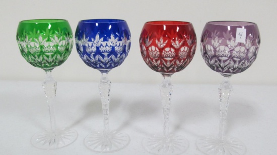(4) 8" Bohemian stem glasses - blue, green, red, purple