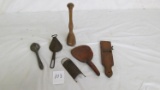 (6) primitive kitchen items: juicer, butter paddle, sealer, masher, slicer, Royal ice cream scoop