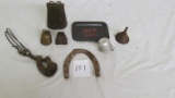 (8) Vintage farm items: wire stretcher, cowbell (2) small bells, tin tray, tin funnel, horseshoe, te