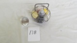 (1) etched glass egg & (6) marble eggs in wire basket