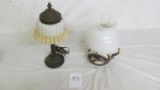 (1) contemporary table lamp w/glass shade, (1) pottery kerosene lamp w/fish