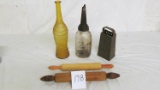 (5) Vintage country items: (2) rolling pins, Kerr mason jar w/oil spout, amber bottle, tin grater