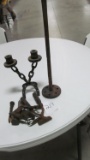 (6) Items: primitive double candle holder, horseshoe & chain, tin & wood corer, nail puller, butter