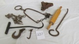 (8) Vintage farm items: (2) handmade iron hooks, (1) iron door hook, (1) chain hook, (1) rolling pin