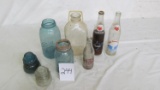 (8) Vintage glass items: (2) Ball fruit jars, (1) milk jug, (2) insulators, (2) RC bottles, (1) Redw