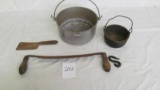 (5) Vintage kitchen items: (1) small advance cast iron lead pot, (1) Majestic aluminum pot, (1) iron