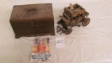 (5) items: (1) Wells Fargo stage wagon (wood), (1) dresser top  box, (3) foreign bills