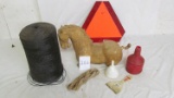 7 Vintage items: (1) roll of nylon string, (1) horse sculpture, (1) rope, (2) plastic funnels, (1) p