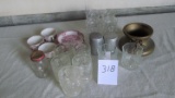 26 Items: (11) glasses, (2) aluminum salt shakers, Jolly Joe bank, (11) miscellaneous china, metal l