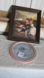 (2) Items: oval bird print, young boy & girl print