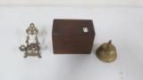 Oak recipe box; cast iron eagle; & cast iron brass bell