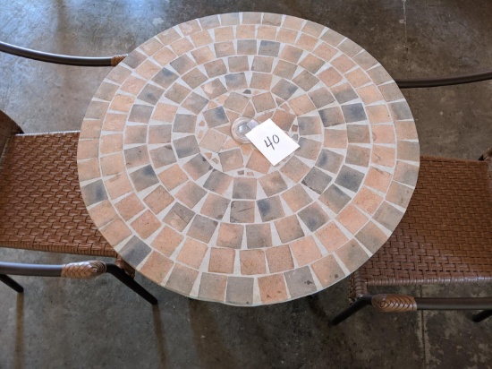 Small Patio Table And Chairs With Woven Seats, 30" Diameter Stone Tile Top Table