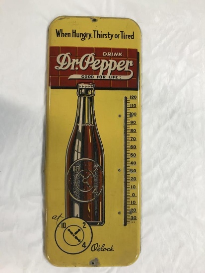 1930s DR. PEPPER THERMOMETER - 26' X 10", LOST PAINT AROUND MOUNTING BOLTS,