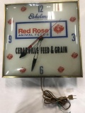 PAM RED ROSE FEED, CEDARVILLE FEED & GRAIN CO. ADVERTISING CLOCK - 15.5 X 1