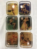 HARD-TO-FIND SET OF (6) MOBILGAS GLASS TRAYS WITH RISQUE WOMEN, WITH 